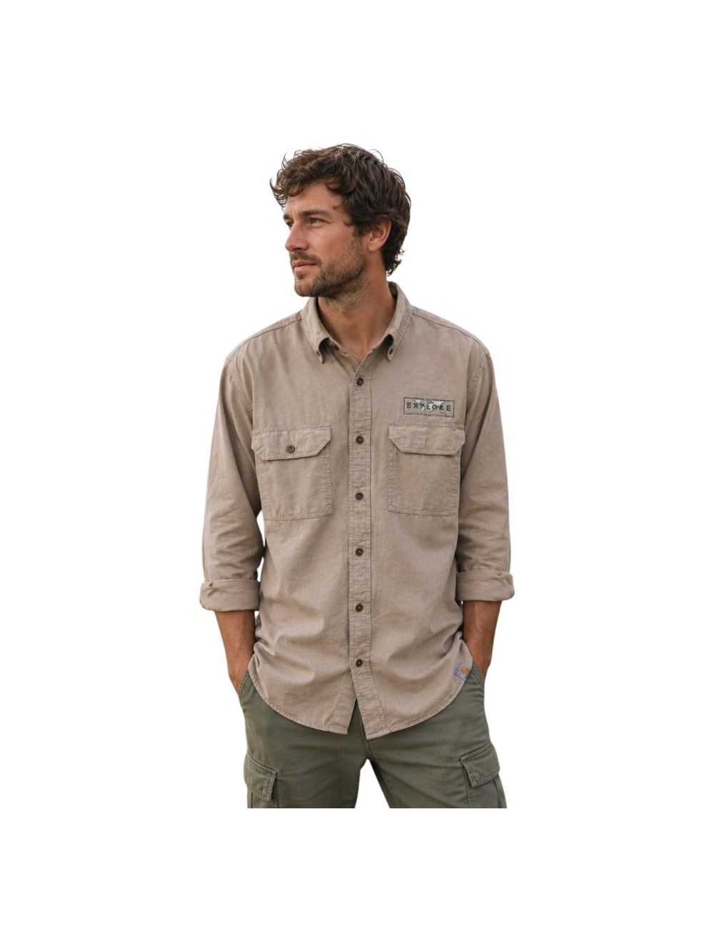 Carhartt Relaxed Fit Explore Button Down Shirt Mens Med Khaki Tan Cotton Outdoor
